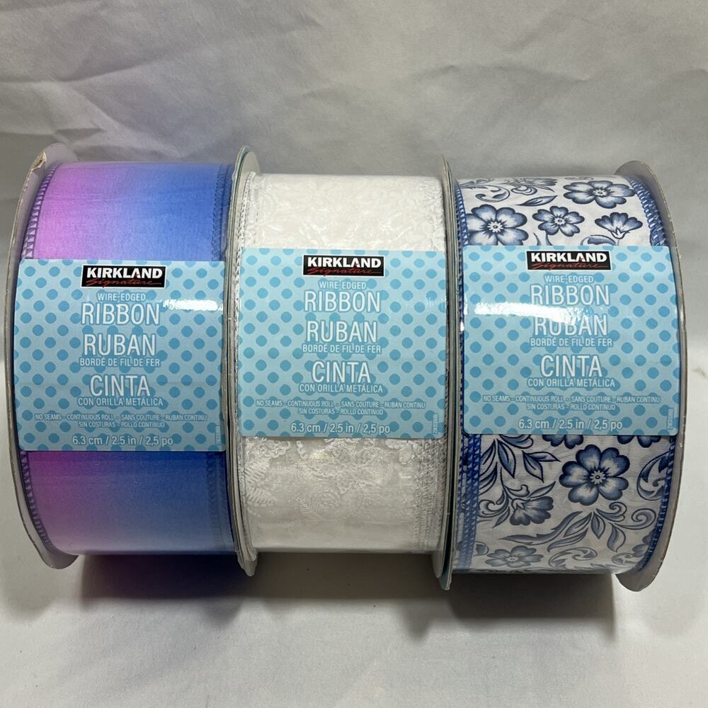 Lot of 3 Kirkland Costco Wired Ribbon Ombre Shimmer Sheer Floral Blue White